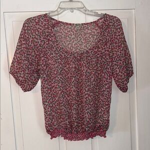 Lily Star Women’s Floral Sheer Blouse Pink Green M Ruched Short Sleeve Fairy